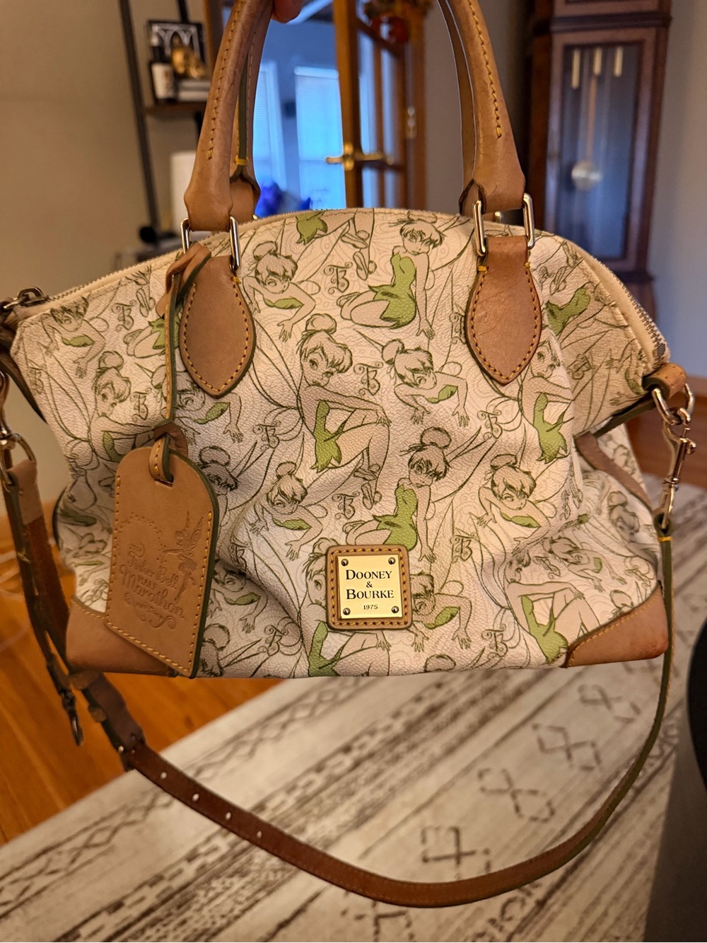 Dooney & Bourke Green Tinker Bell Print Crossbody with Tan Trim
